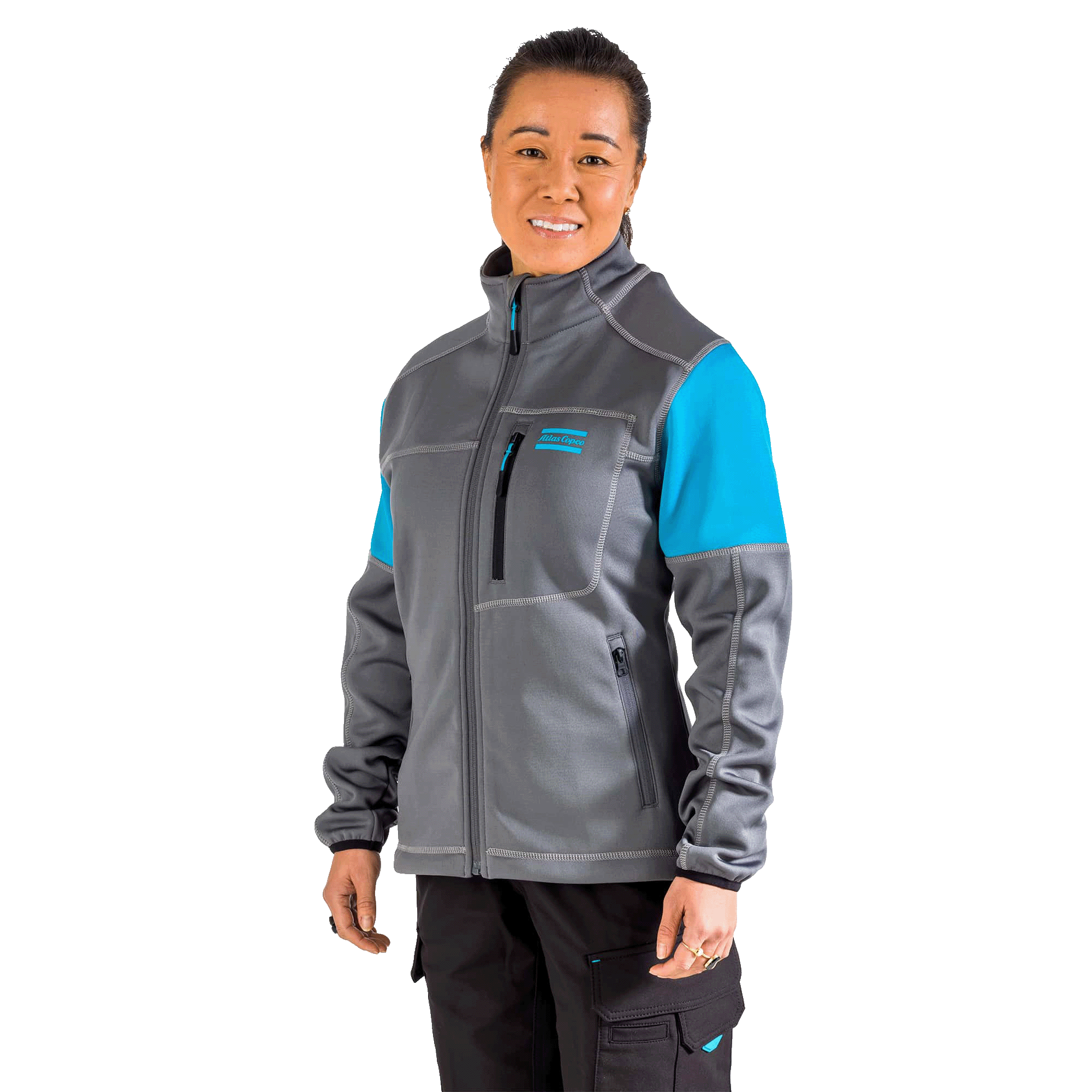 grey fleece jacket with atlas copco logo and blue sleeves
