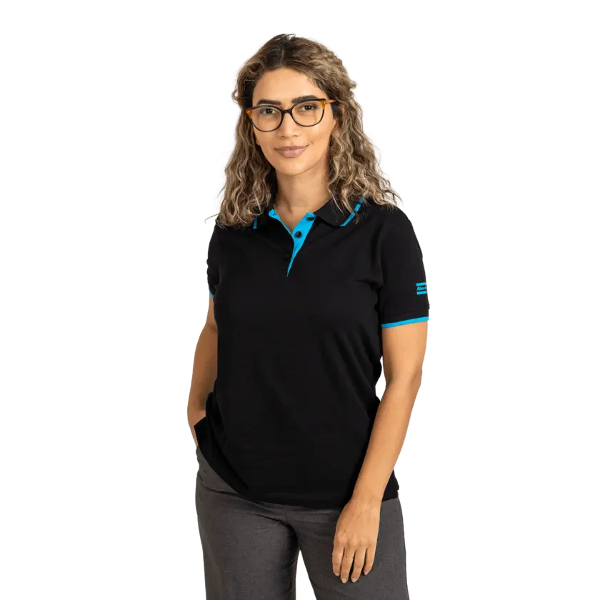 woman wearing black polo shirt with blue details