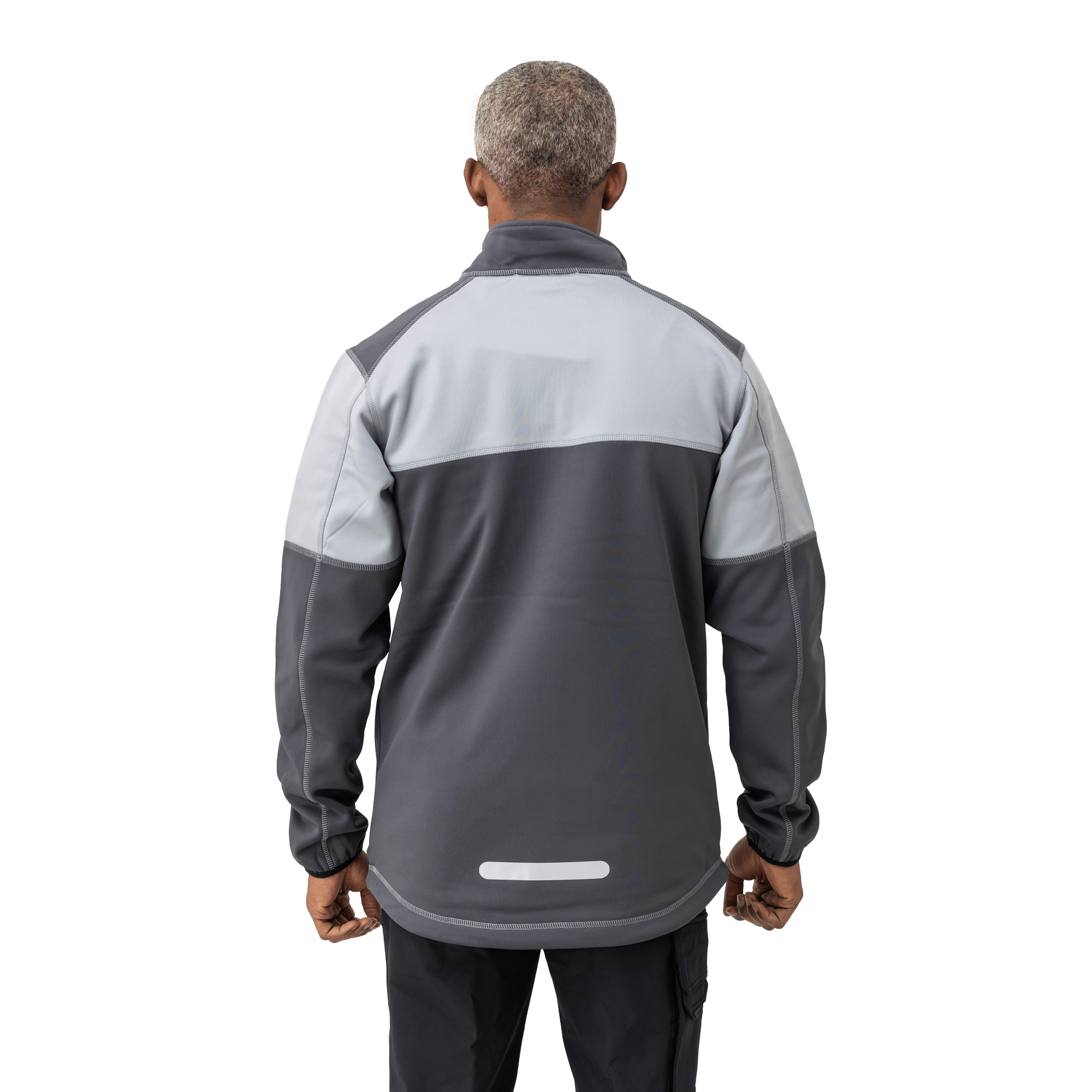 grey work fleece on male model from back