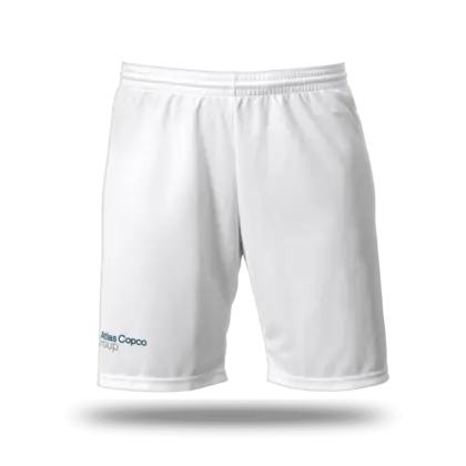white soccer jersey shorts with atlas copco group logo