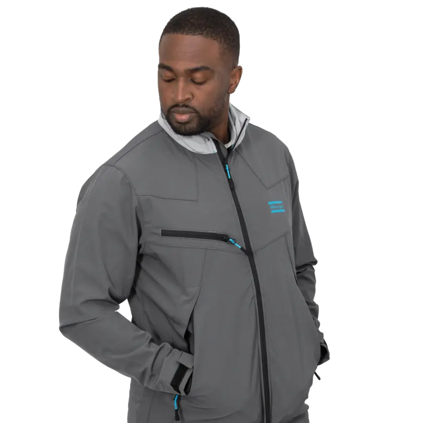 grey soft shell jacket with atlas copco logo in blue