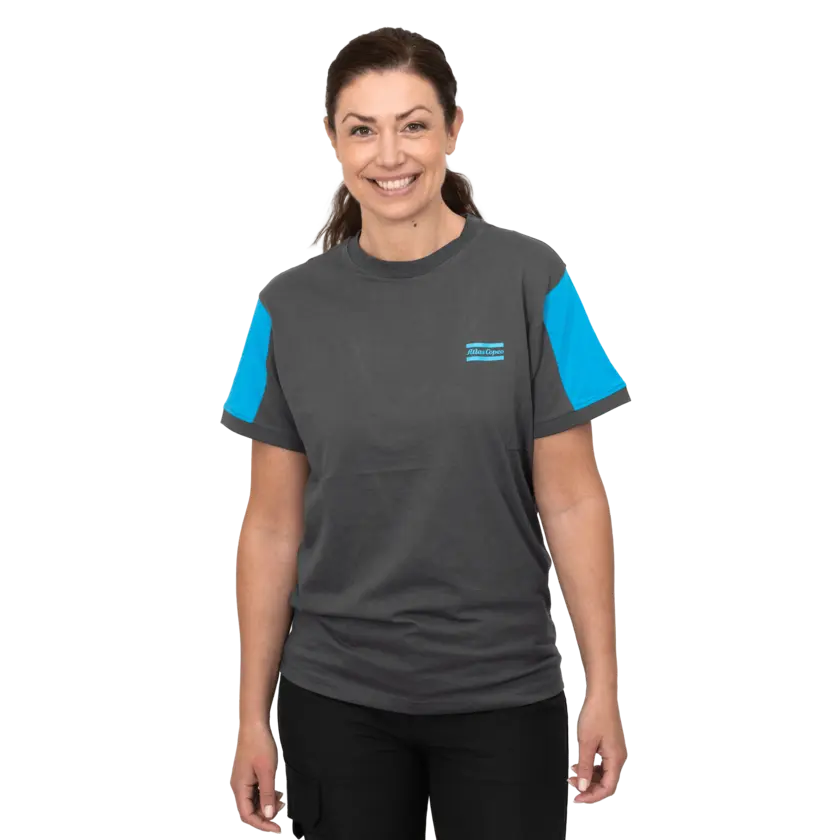 grey tshirt with blue sleeves and atlas copco logo