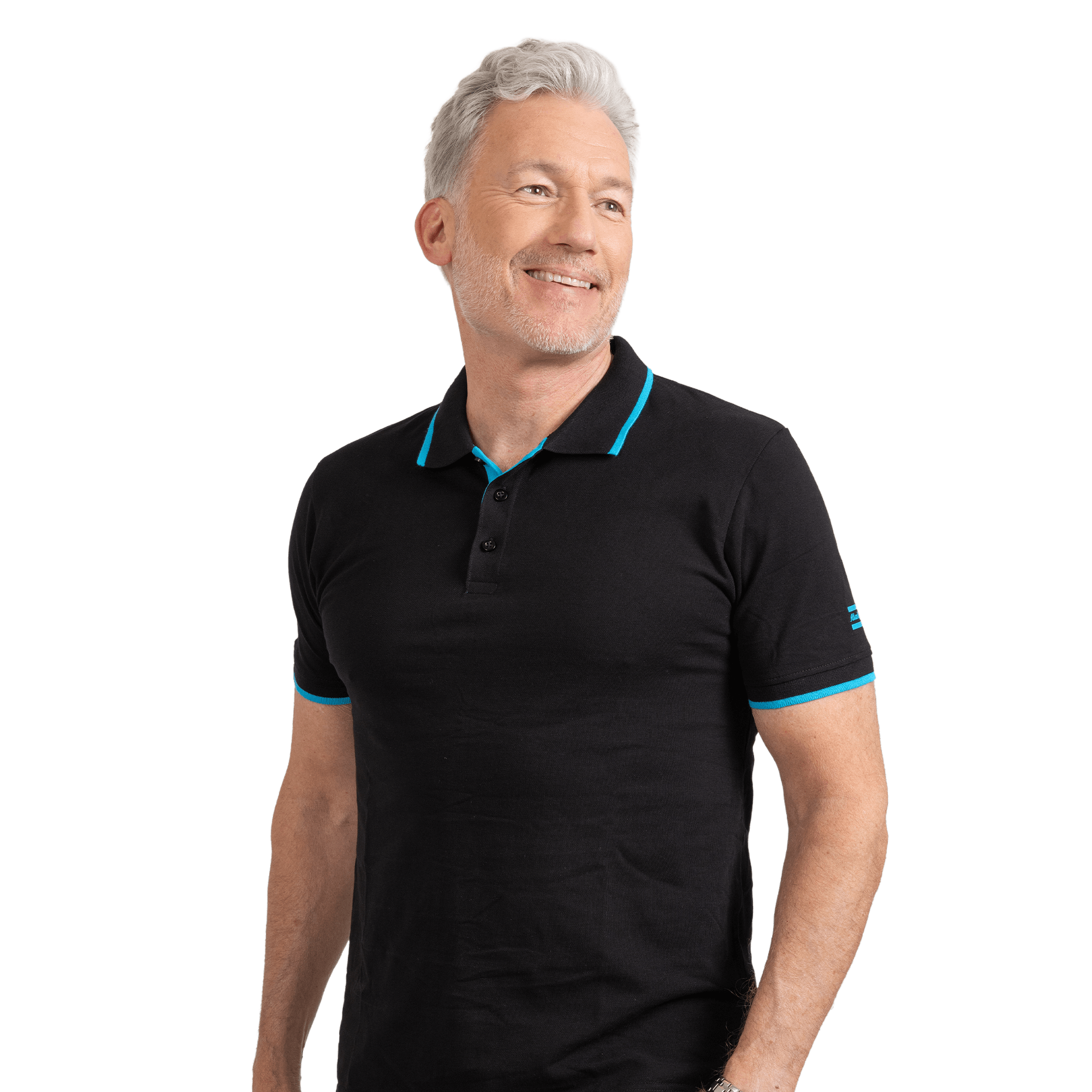 Man wearing black polo shirt with blue details