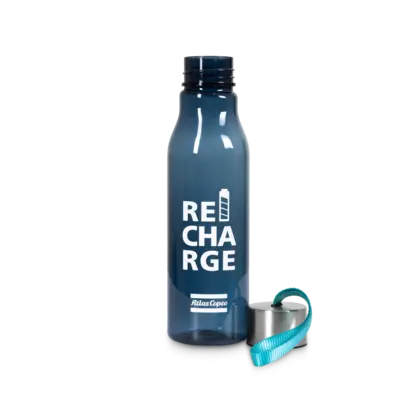blue water bottle with atlas copco pattern and recharge text