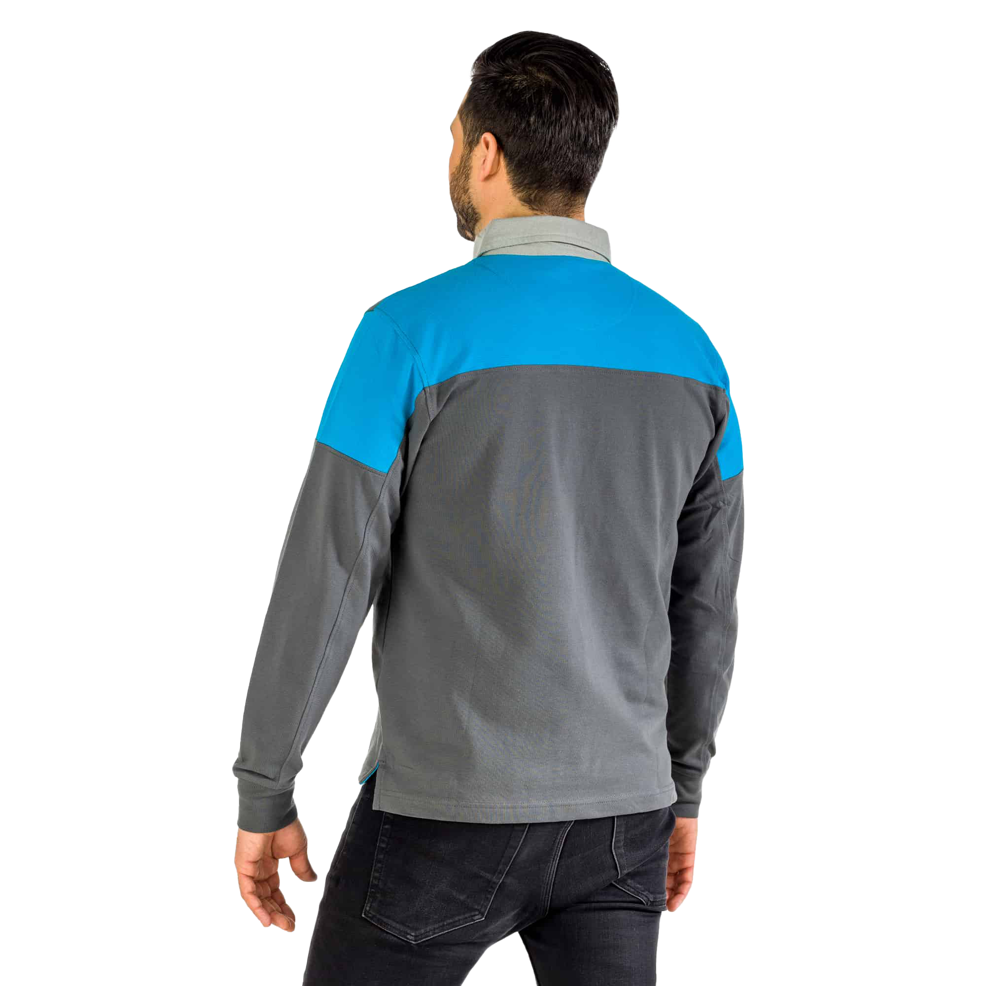 grey polo with blue shoulders