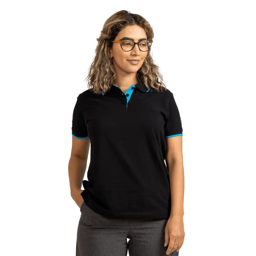 woman wearing black polo shirt with blue details