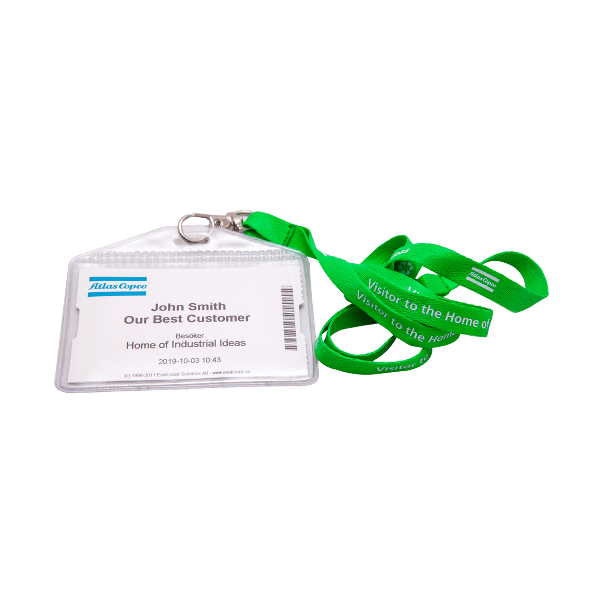 Green atlas copco lanyard with business card