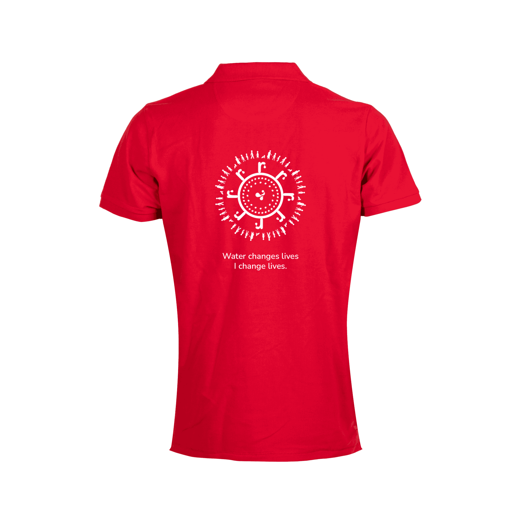 red polo shirt with white water for all logo