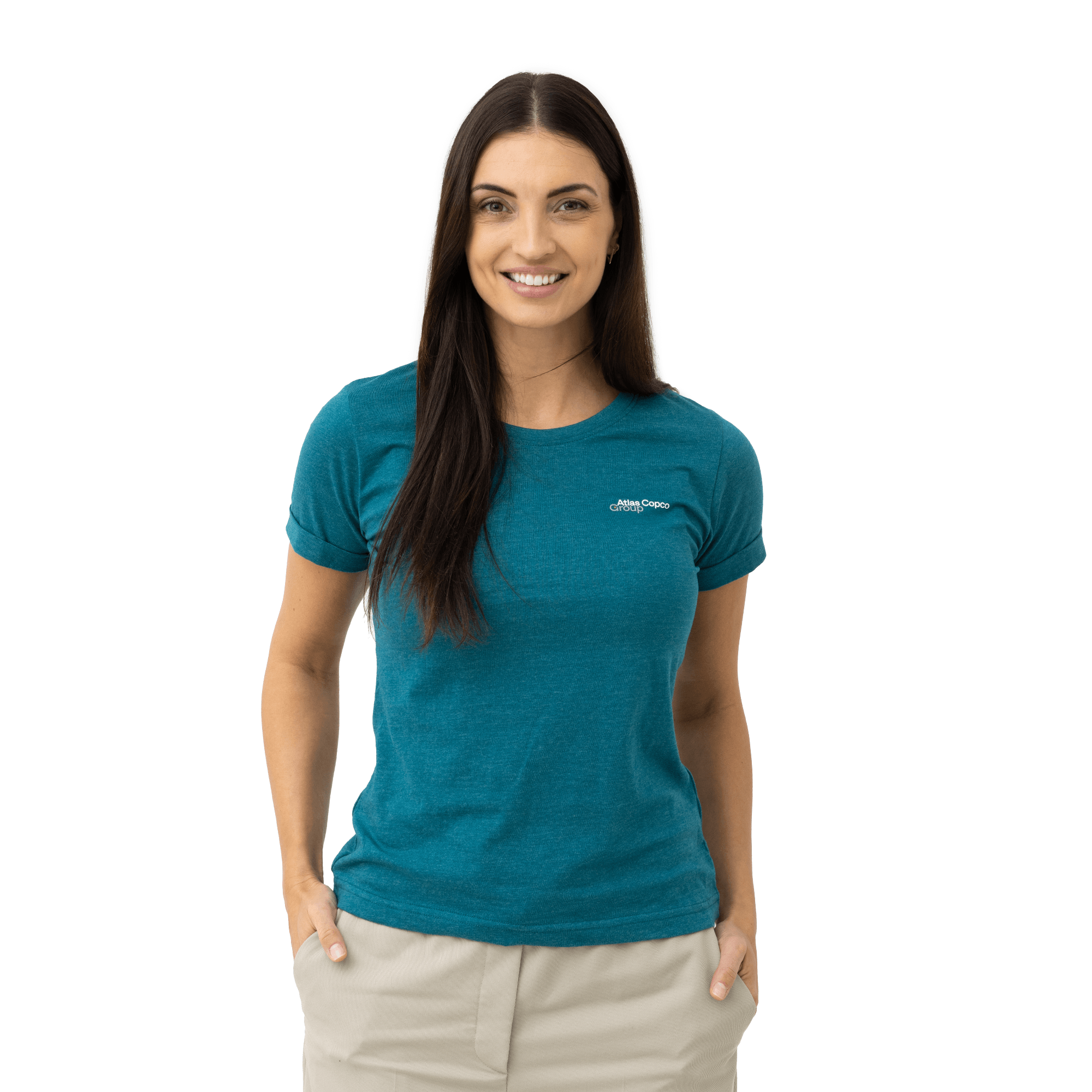 t-shirt in teal color with atlas copco group logo on female model