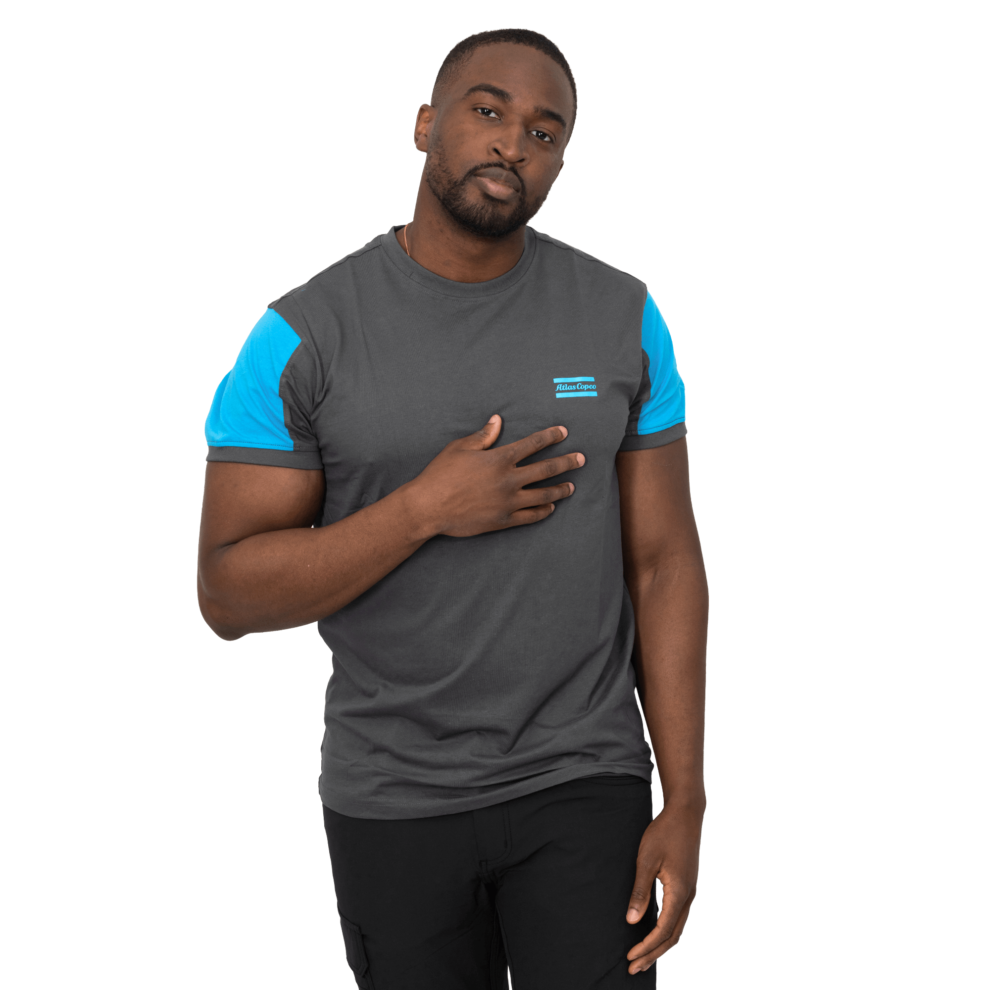 grey tshirt with blue sleeves and atlas copco logo
