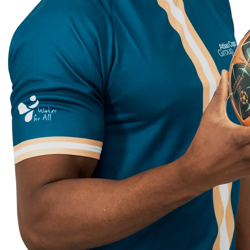 soccer jersey clothes with atlas copco group logo close up