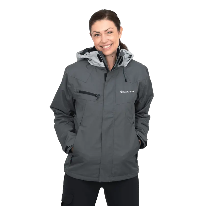 grey work wear jacket on female model with edwards logo