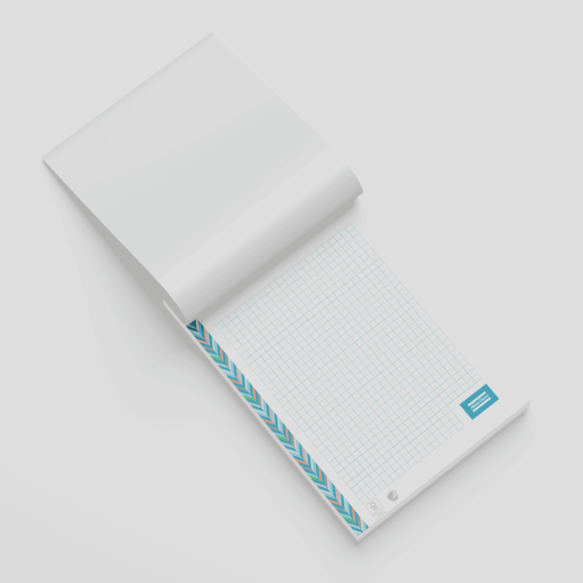 squared note pad with atlas copco logo and pattern opened