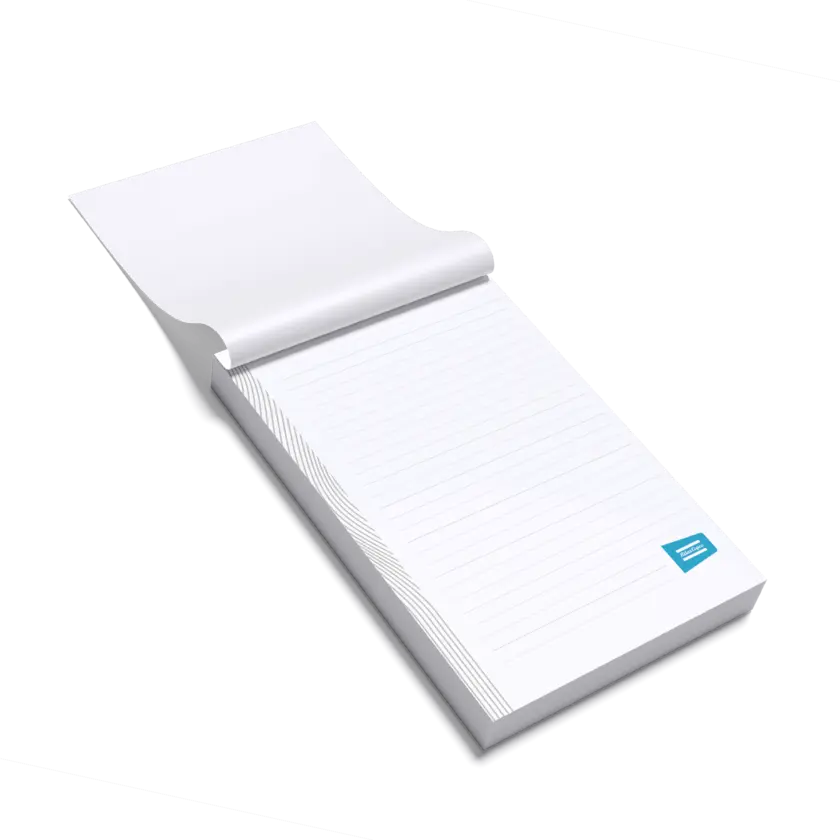 White striped notepad with atlas copco logo