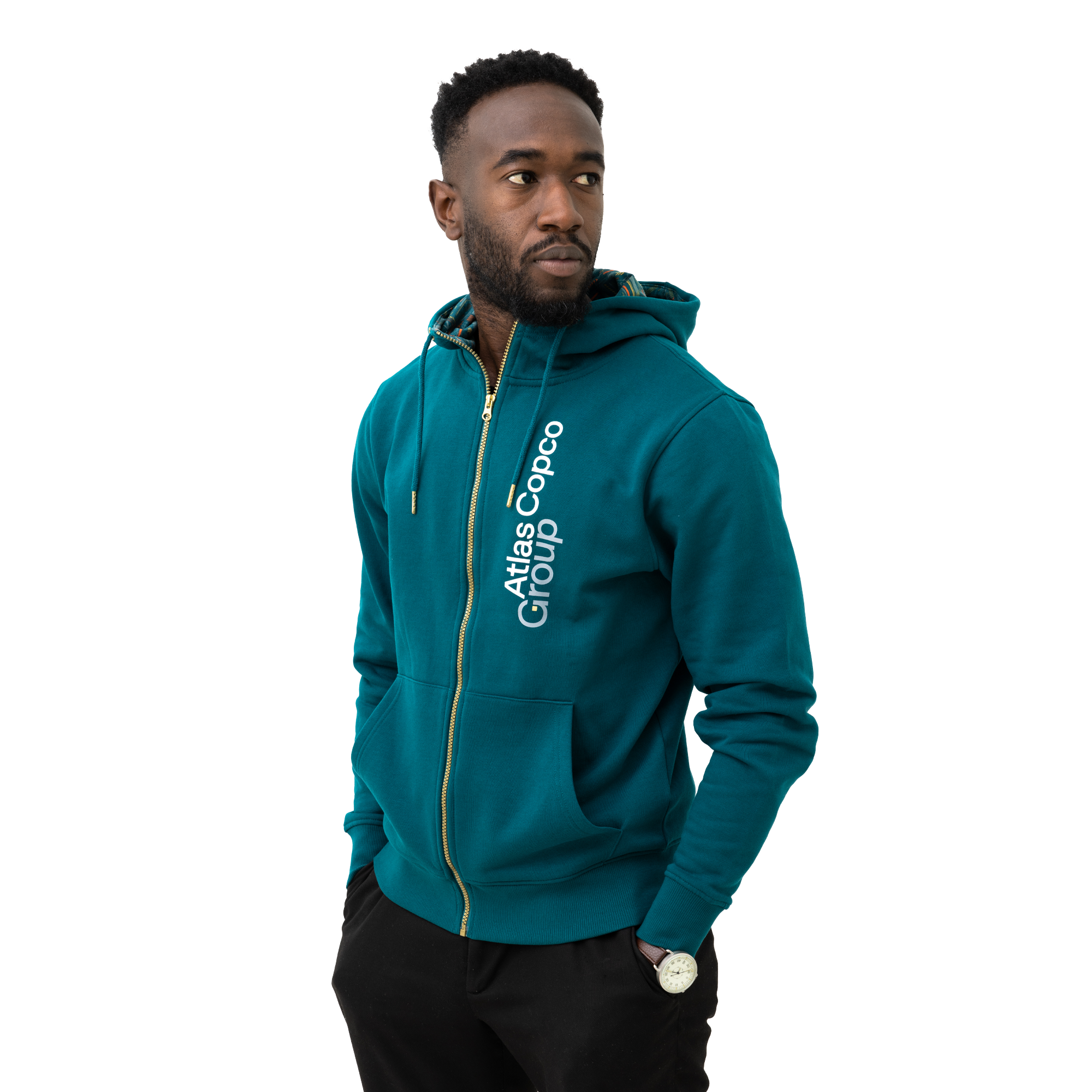 teal atlas copco group hoodie with white vertical logo