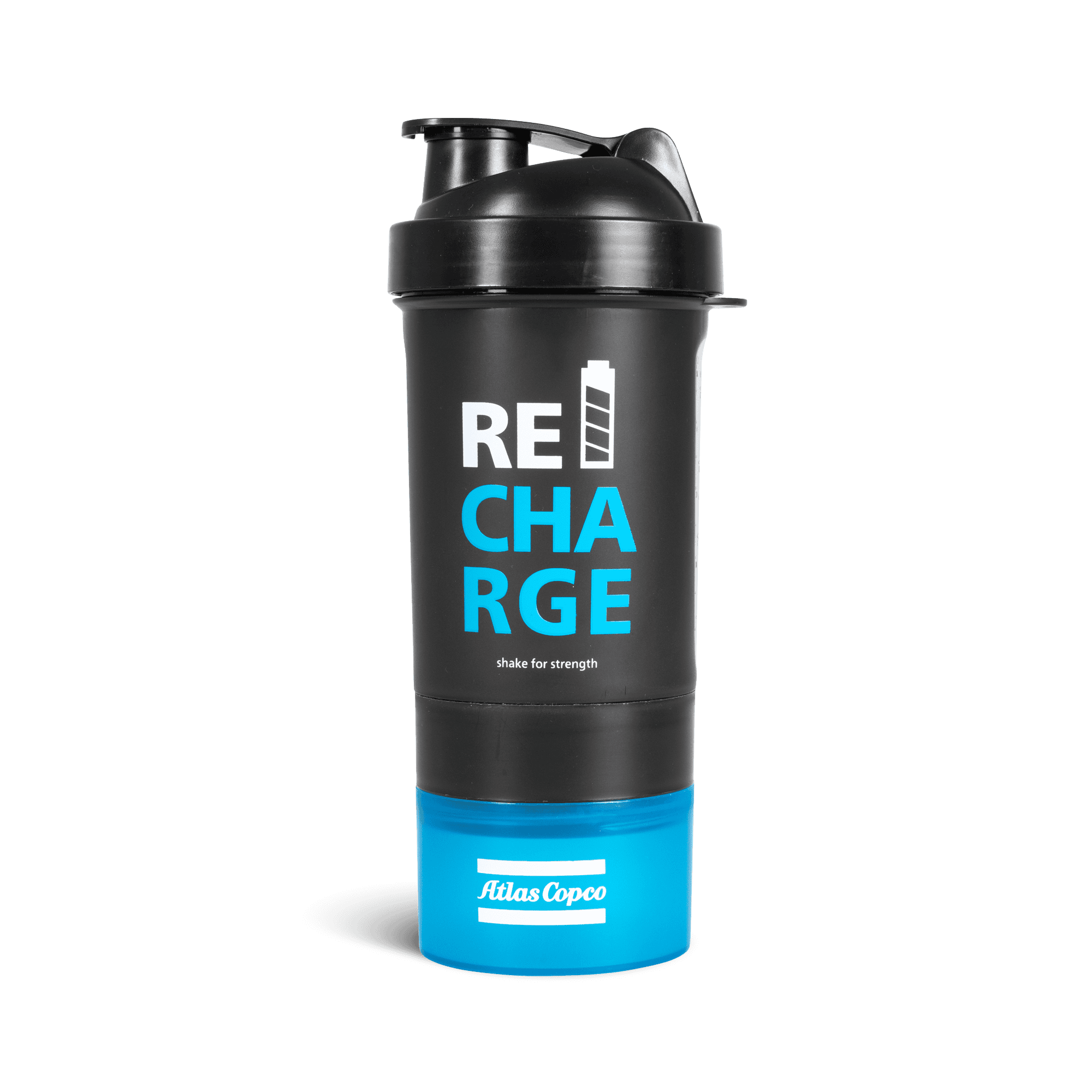 black and blue shaker with atlas copco logo in white