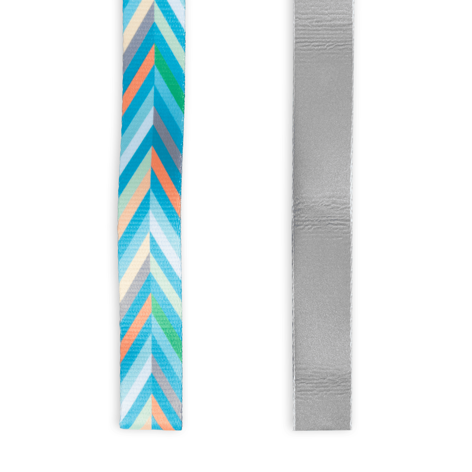 multi color dog leash with pattern on one side and reflective fabric on the other side