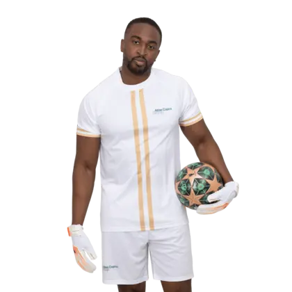 white soccer jersey clothes with atlas copco group logo