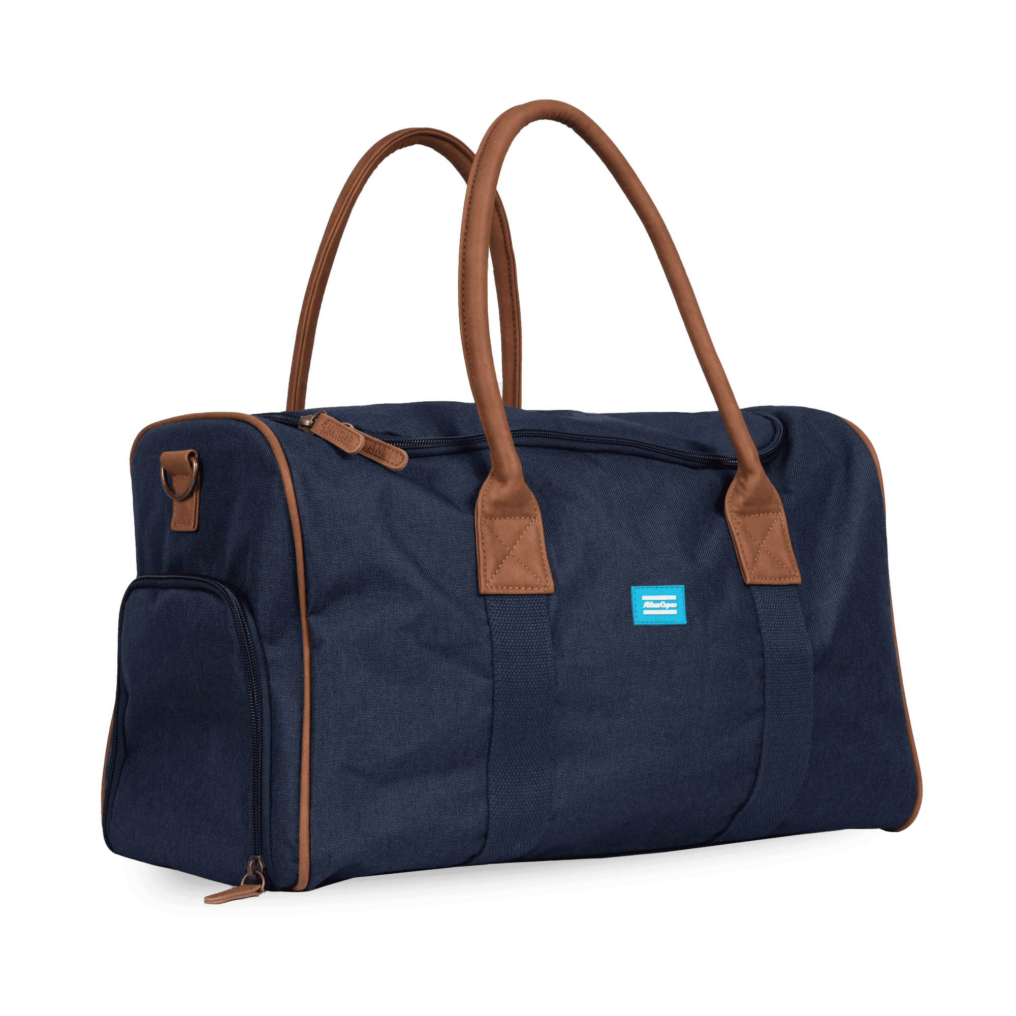 navy duffle bag leather straps