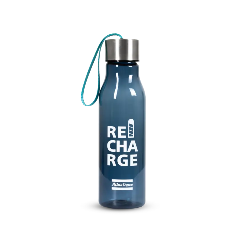 blue water bottle with atlas copco pattern and recharge text