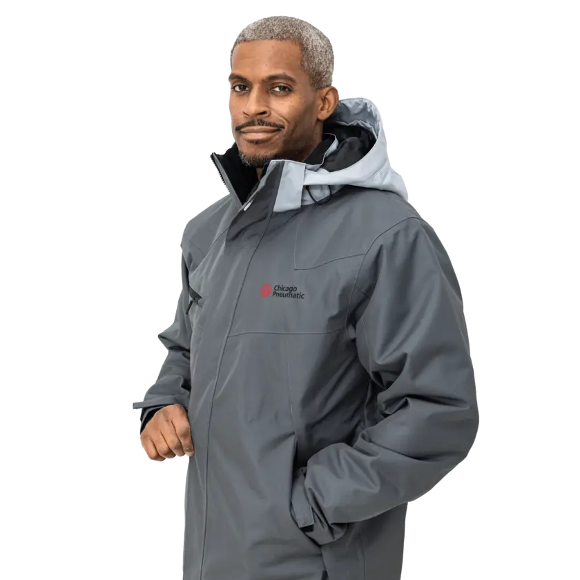 grey work wear jacket on male model with chicago pneumatic logo