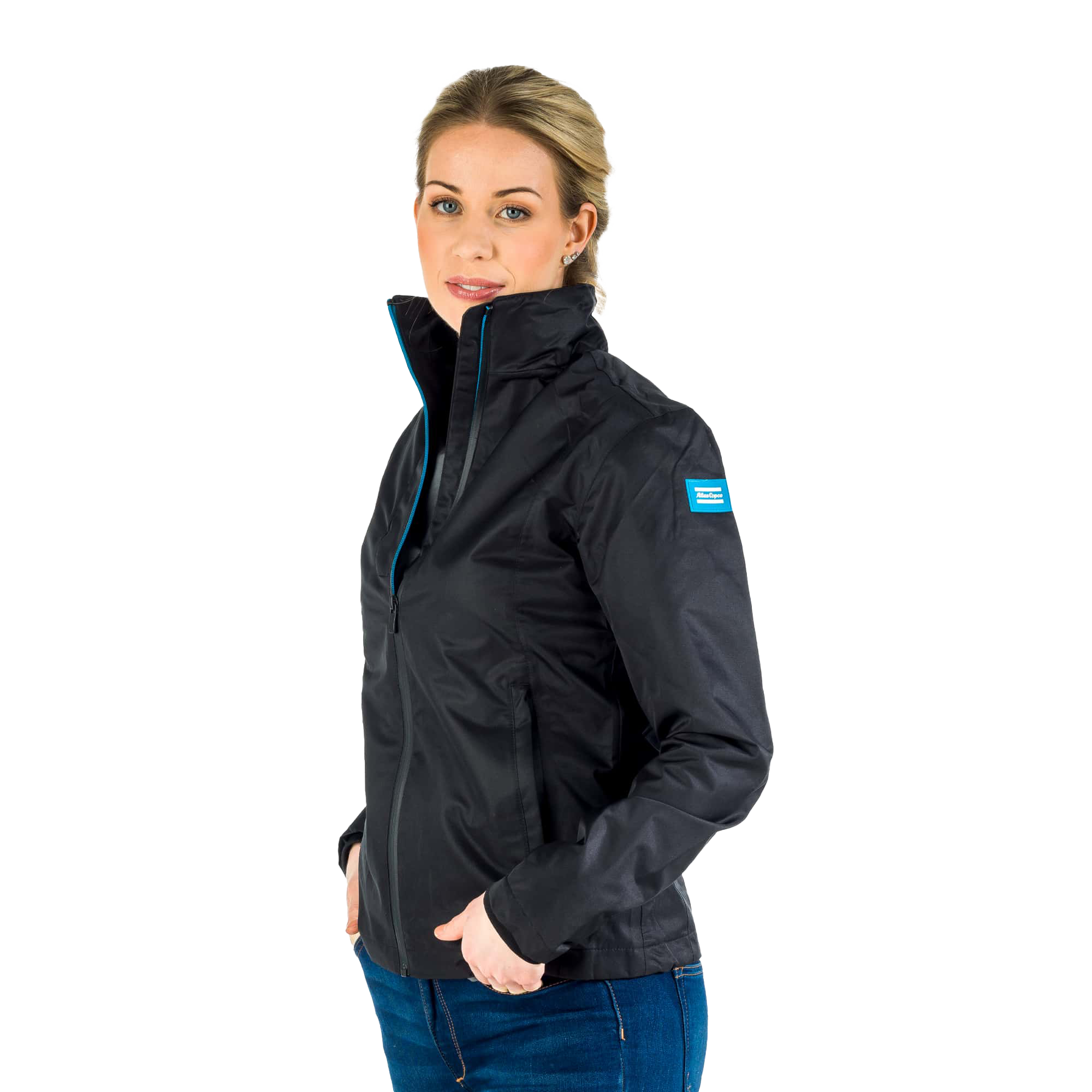 black jacket with atlas copco logo patch on sleeve