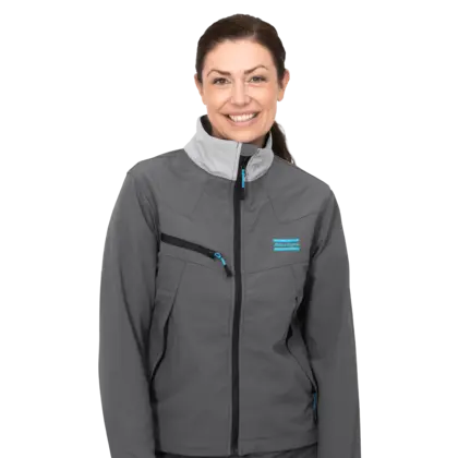 grey soft shell jacket with atlas copco logo in blue