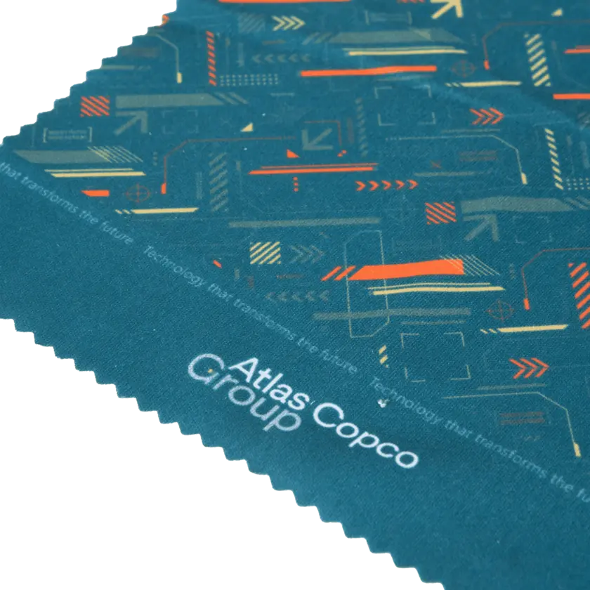 cleaning cloth with atlas copco group logo and pattern close up