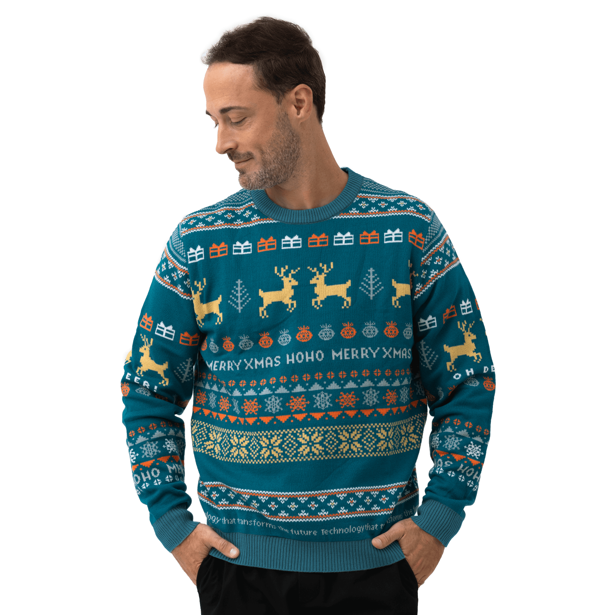 christmas sweater on male model with atlas copco group colors