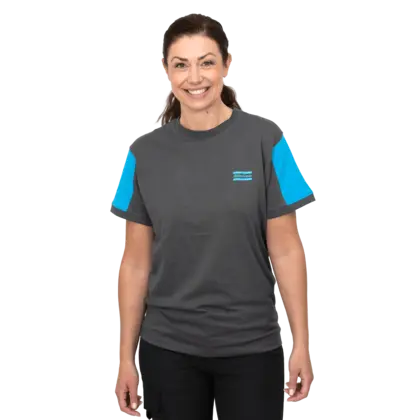 grey tshirt with blue sleeves and atlas copco logo
