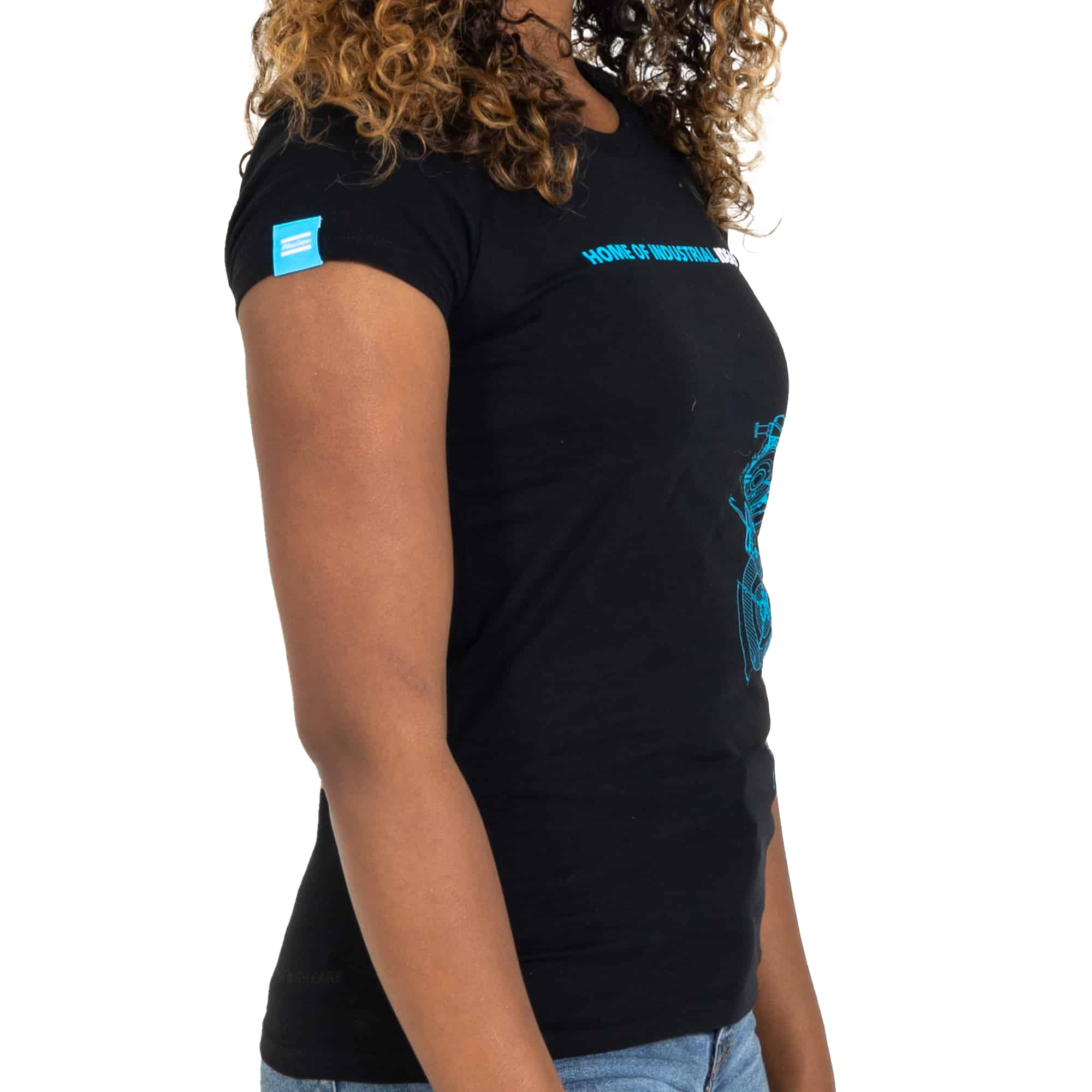 Black atlas copco tshirt with woven label on sleeve