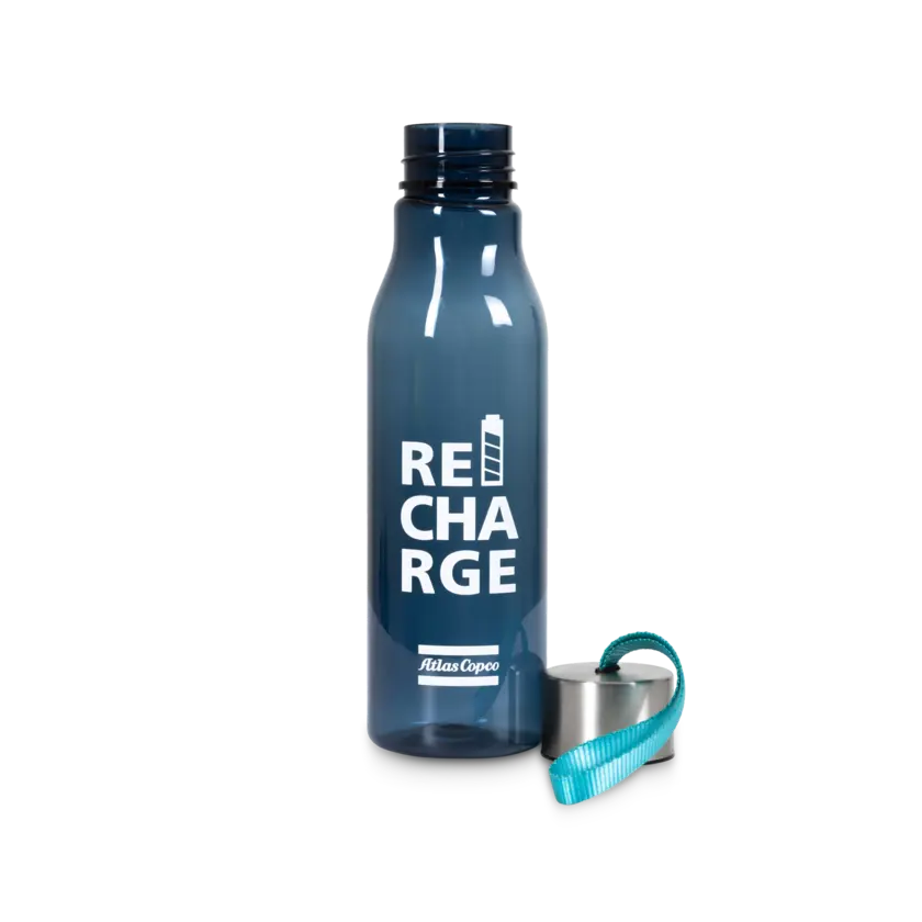 blue water bottle with atlas copco pattern and recharge text