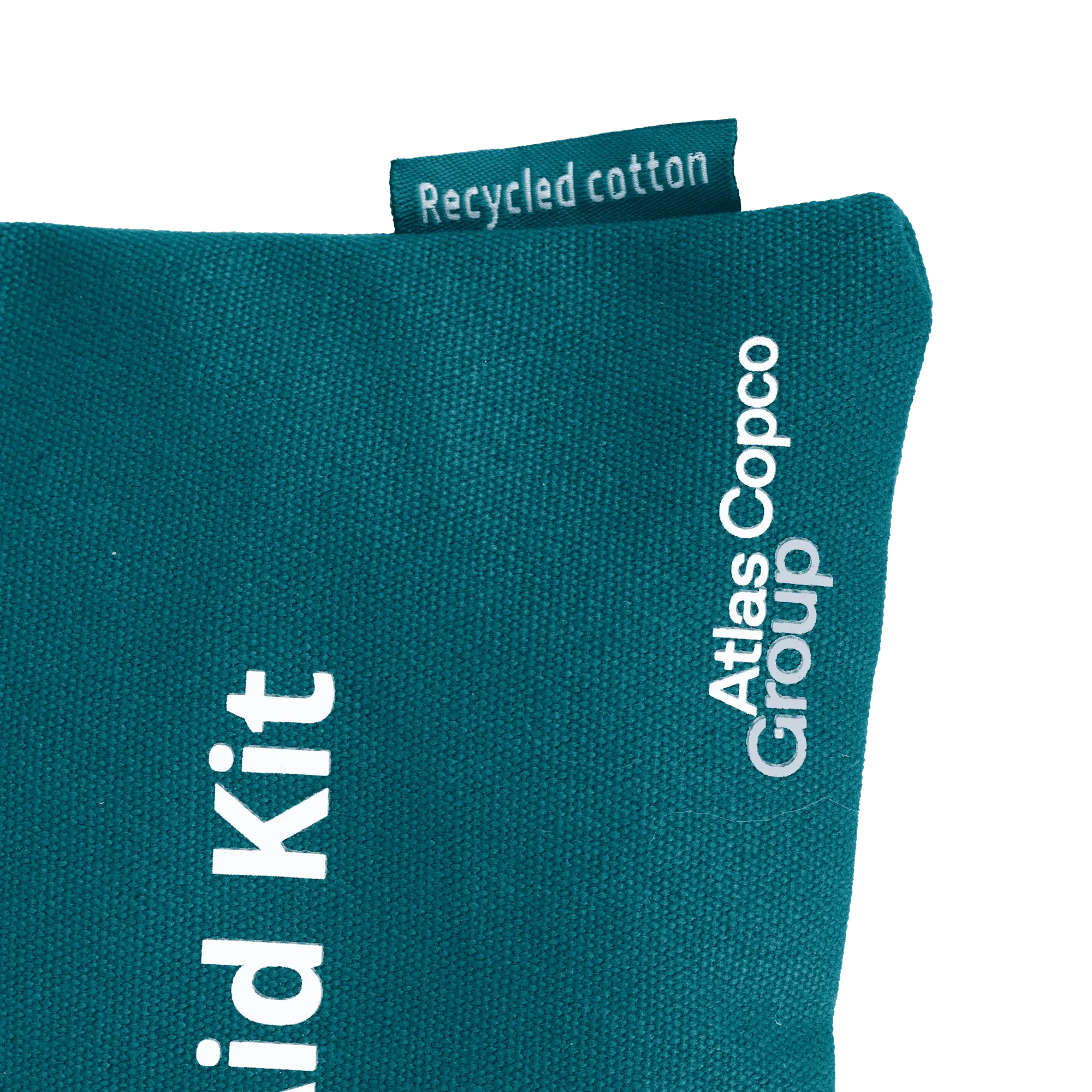 first aid kit with atlas copco group and recycled cotton logo close up