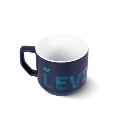 blue cheramic mug with atlas copco logo and copy