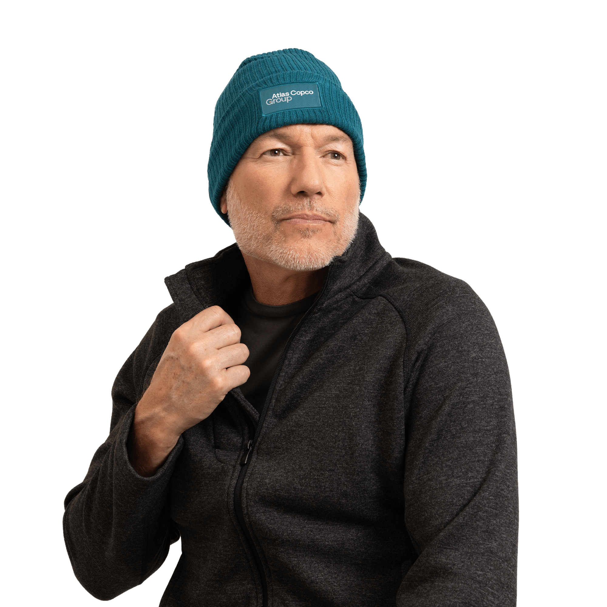 man wearing teal winter hat with atlas copco group logo