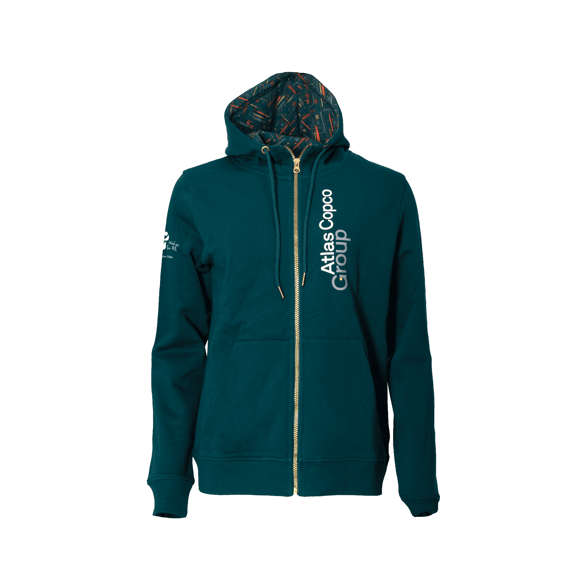 teal atlas copco group hoodie with white vertical logo