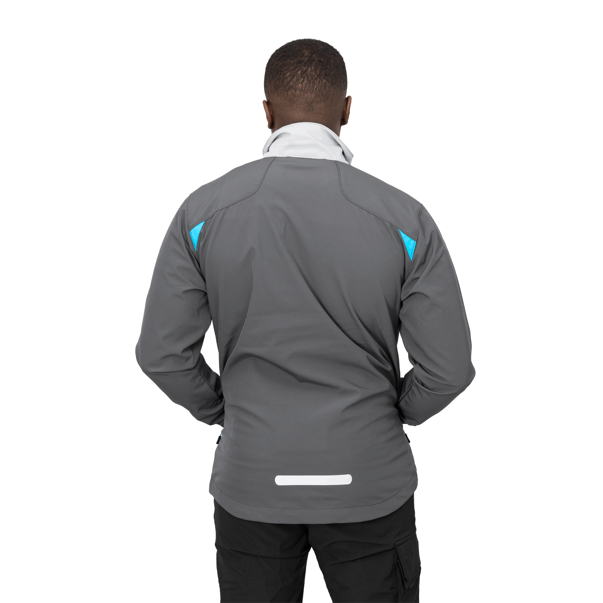 grey soft shell jacket with reflective strip on back bottom