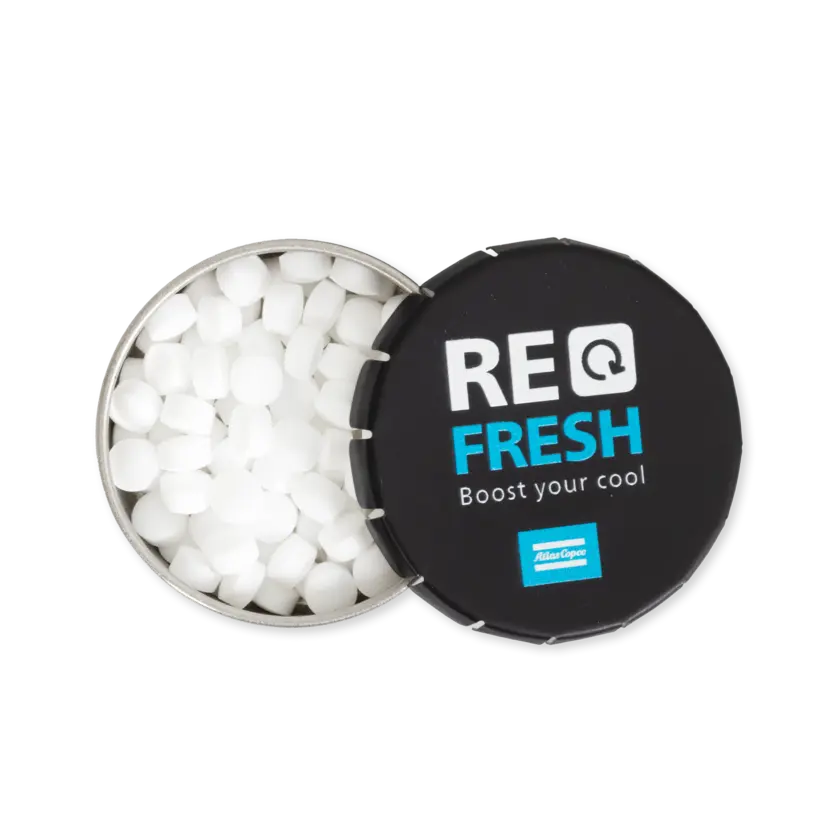 mint pastilles with atlas copco logo open