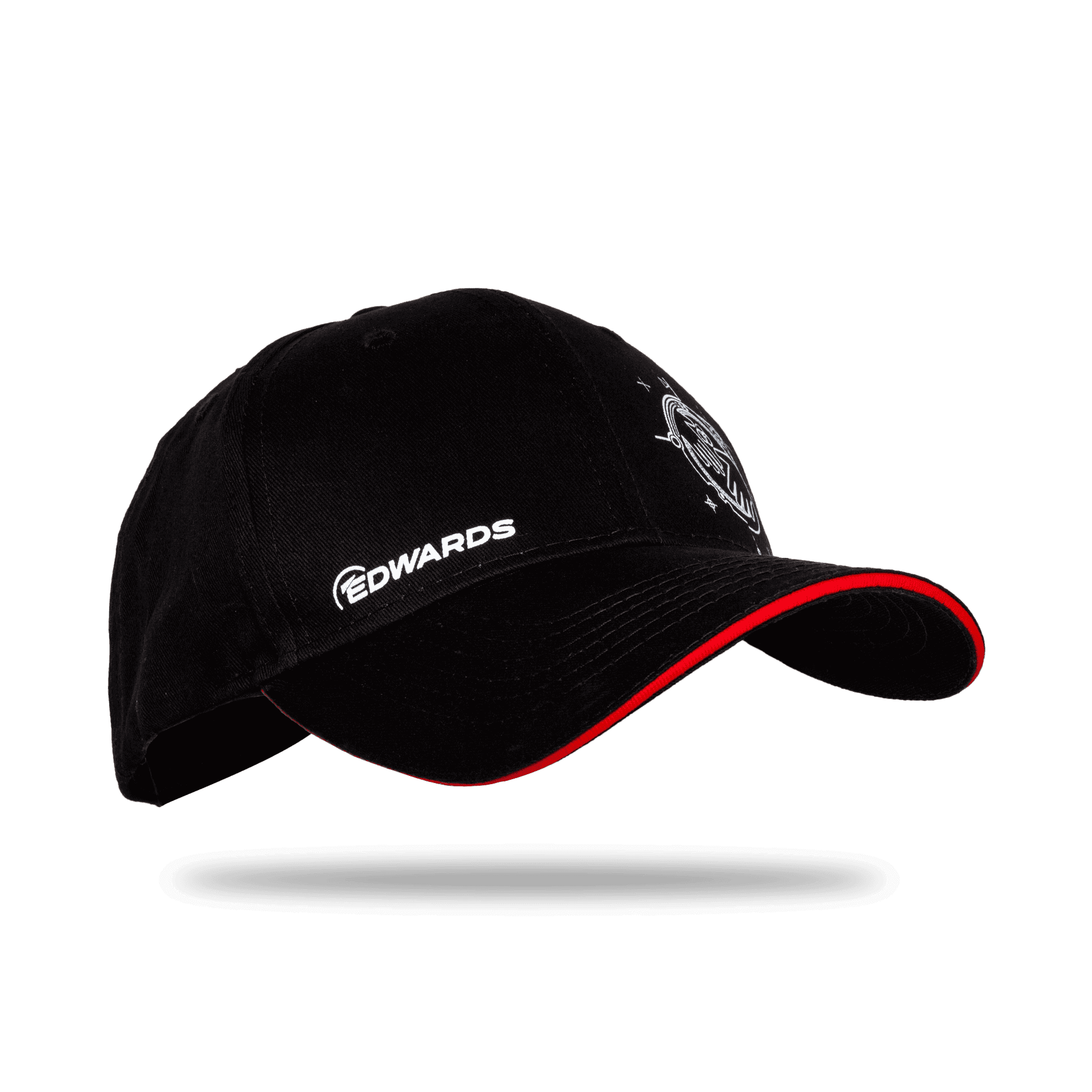 black edwards cap with white logo and pattern