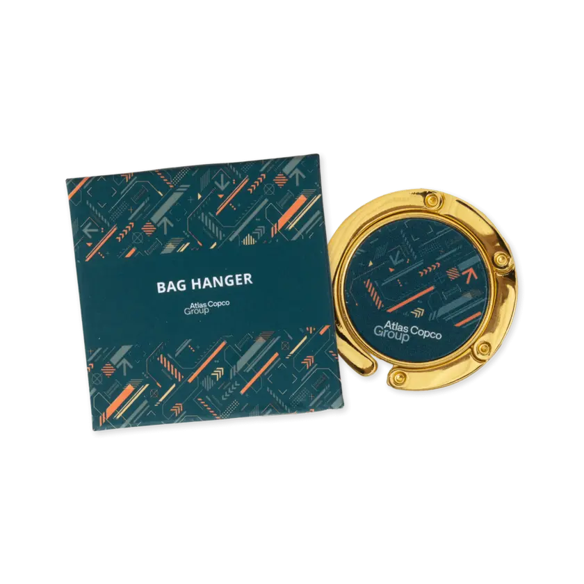 bag hanger with atlas copco group logo and envelop