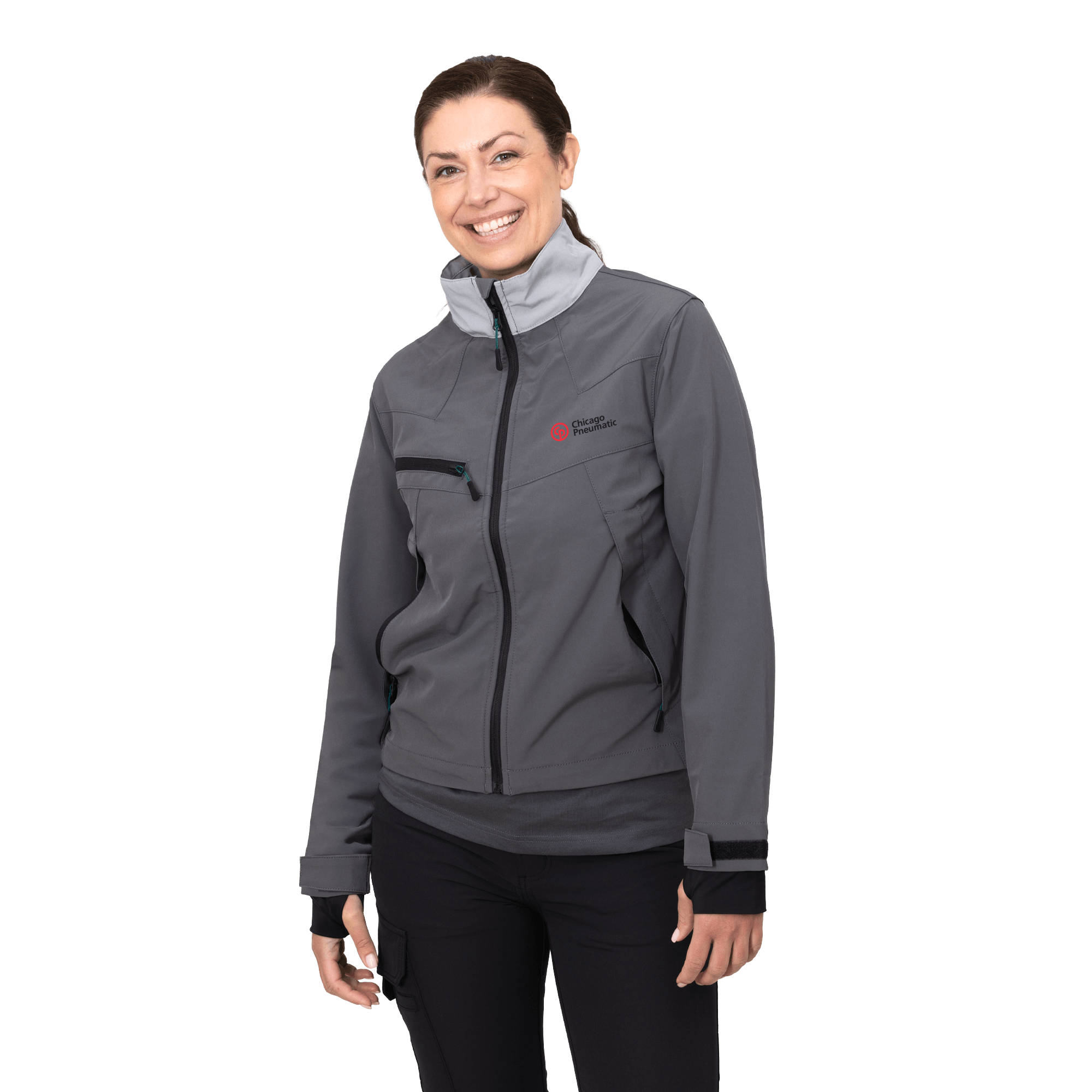 grey work wear jacket on female model