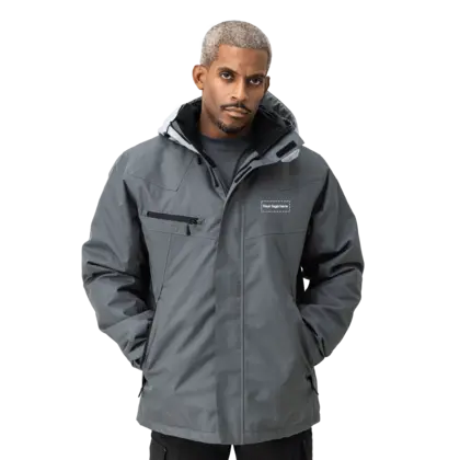 grey work wear jacket on male model