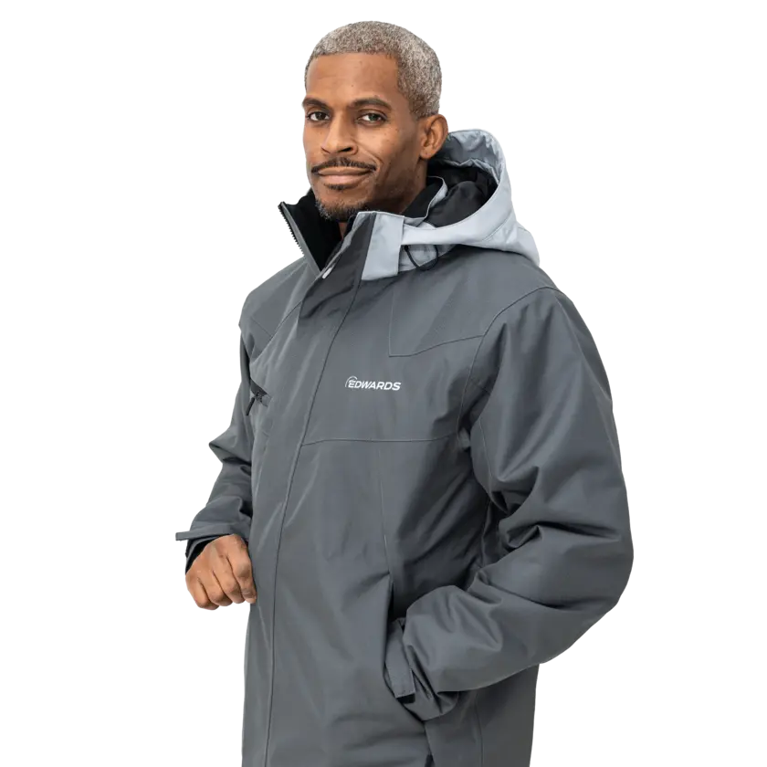 grey work wear jacket on male model with edwards logo