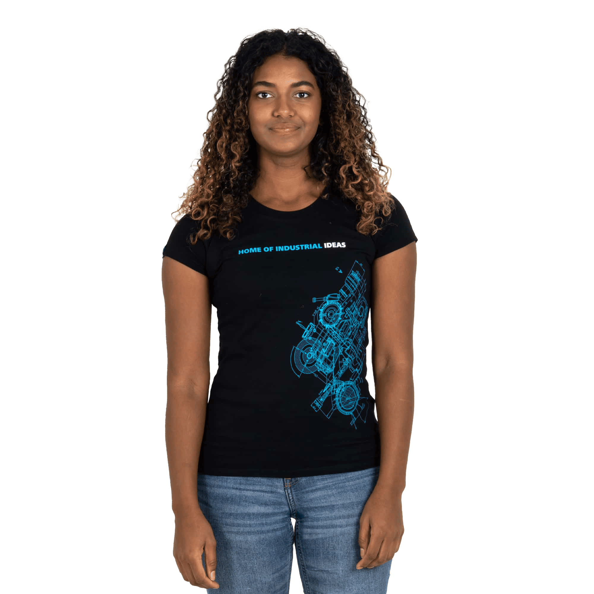 Black atlas copco tshirt with blueprint pattern and home of industrial ideas quote