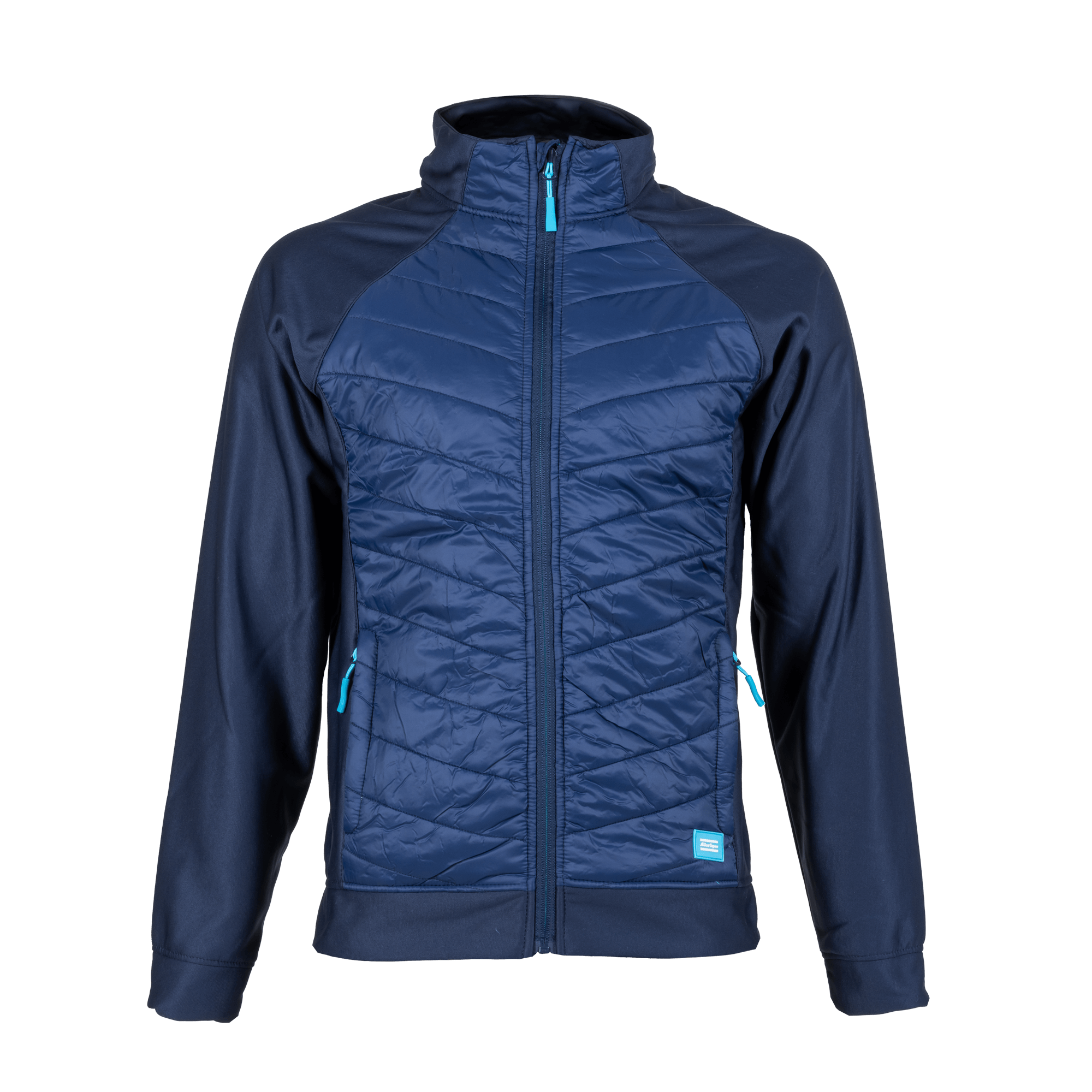 crossover jacket in navy color and atlas copco logo patch