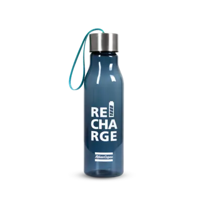 blue water bottle with atlas copco pattern and recharge text