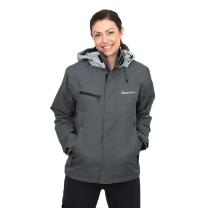 grey work wear jacket on female model with edwards logo