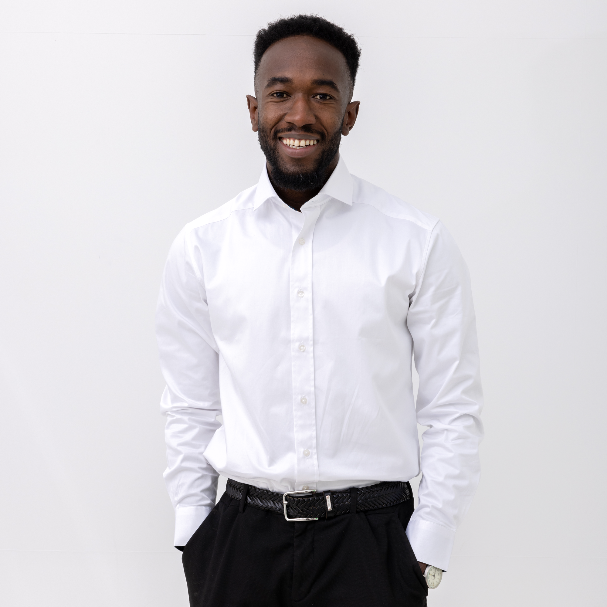 white business shirt with logo on sleeves