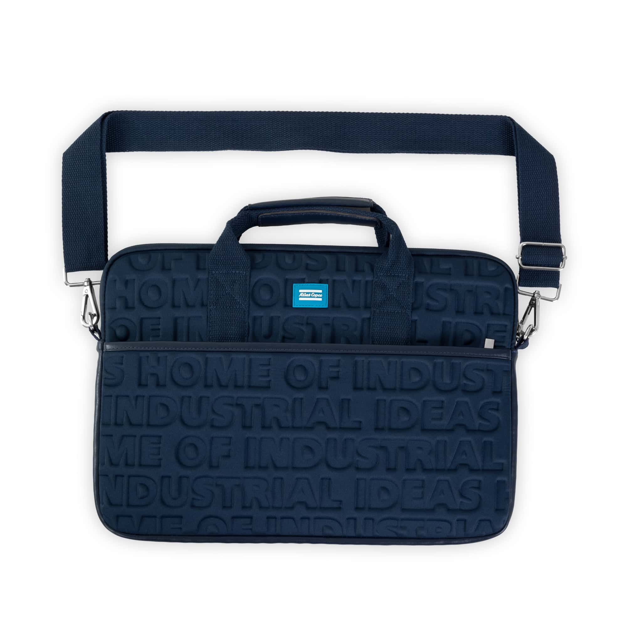 atlas copco navy blur laptop bag embossed home of industrial ideas