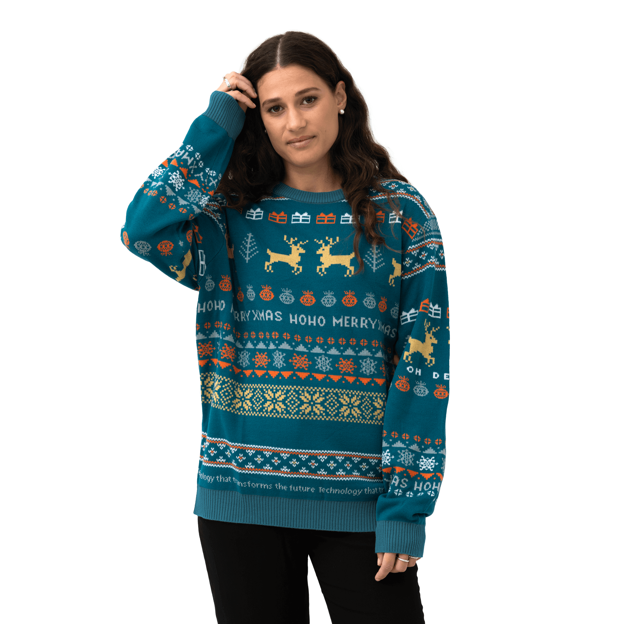 christmas sweater on female model with atlas copco group colors